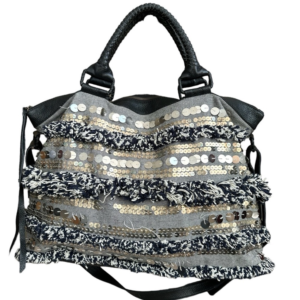 Anthropologie Cleobella Bennet Weekender travel bag sequins and leather as is